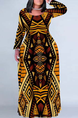 Yellow Casual National Totem Print Pocket Long Sleeve Floor Length Loose Vacation Baggy Plus Size Maxi Dress