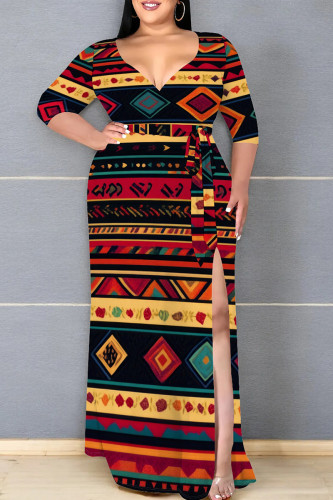 Black Red Casual Print Patchwork Slit Strap Design V Neck Long Plus Size Dresses