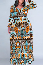 Multicolor Casual National Totem Print Pocket Long Sleeve Floor Length Loose Vacation Baggy Plus Size Maxi Dress