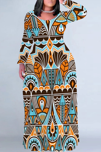 Multicolor Casual National Totem Print Pocket Long Sleeve Floor Length Loose Vacation Baggy Plus Size Maxi Dress