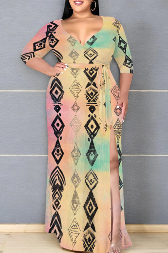 Green Yellow Casual Print Patchwork Slit Strap Design V Neck Long Plus Size Dresses