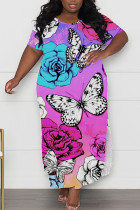 Purple Casual Striped Butterfly Print O Neck Short Sleeve Side Slit Long Plus Size T-shirt Midi Dresses