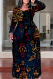 Multicolor Casual National Totem Print Pocket Long Sleeve Floor Length Loose Vacation Baggy Plus Size Maxi Dress