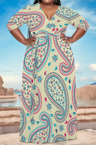 Light Yellow Casual Geometric Print V Neck 3/4 Sleeve Floor Length Vacation Long Loose Maxi Dress