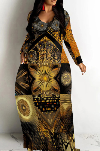 Black Gold Casual Graphcis Print Long Sleeve Floor Length Loose Vacation Baggy Maxi Dress