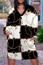 Black And White Casual Chain Leopard Print Pocket V Neck Long Sleeve Pockets Straight Loose Midi T-Shirt Dress