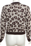 Leopard Print Casual Leopard Print O Neck Long Sleeve Buckle Knitted Sweater Crop Tops