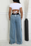 Sky Blue Casual Letters Print Pocket Strap Design Mid Waist Straight Wide Leg Denim Jeans