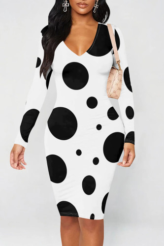 White Casual Graphics Print V Neck Wrapped Skirt O Neck Long Sleeve Bodycon Midi Dresses
