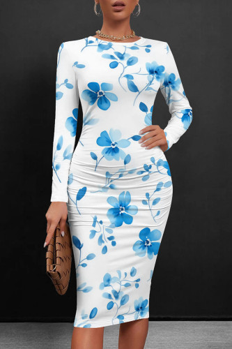White Blue Casual Graphics Print Wrapped Skirt O Neck Long Sleeve Bodycon Midi Dresses