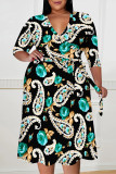 Red Casual Floral Print V Neck 3/4 Sleeve Lace Up Vacation Plus Size Midi Dresses