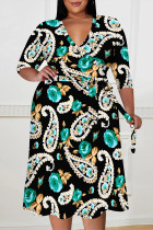 Black Green Casual Floral Print V Neck 3/4 Sleeve Lace Up Vacation Plus Size Midi Dresses