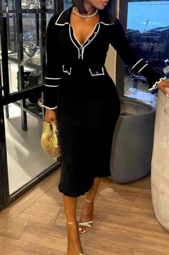 Black Casual Button Collar Long Sleeve Long Vacation Bodycon Maxi Dresses