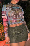 Colour Casual Graphics Print O Neck Long Sleeve Crop Tops