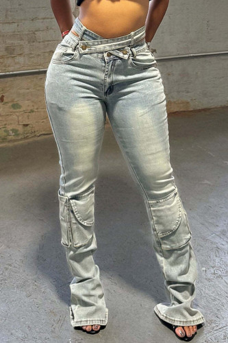 Grey Casual Zipper High Waist Pocket Buttons Distressed Denim Jeans