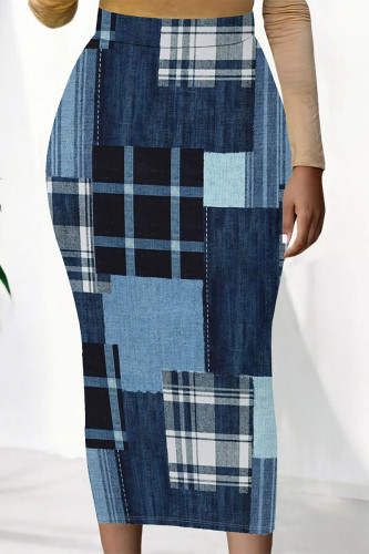 Blue Casual Faux Denim Print High Waist Maxi Skirt