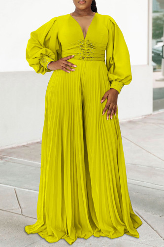 Green Yellow V Neck Long Sleeve Beading Ruched Long Vacation Formal Office Lady Pleated Maxi Dresses