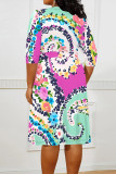 Red Casual Floral Print V Neck 3/4 Sleeve Lace Up Vacation Plus Size Midi Dresses
