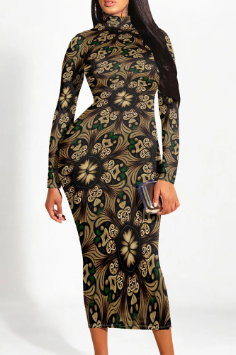 Coffee Casual Geometric Gradient Print Pocket Half A Turtleneck Long Sleeve Plus Size Bodycon Maxi Dresses