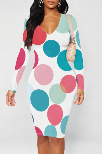 Blue Pink Casual Graphics Print V Neck Wrapped Skirt O Neck Long Sleeve Bodycon Midi Dresses