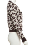 Leopard Print Casual Leopard Print O Neck Long Sleeve Buckle Knitted Sweater Crop Tops