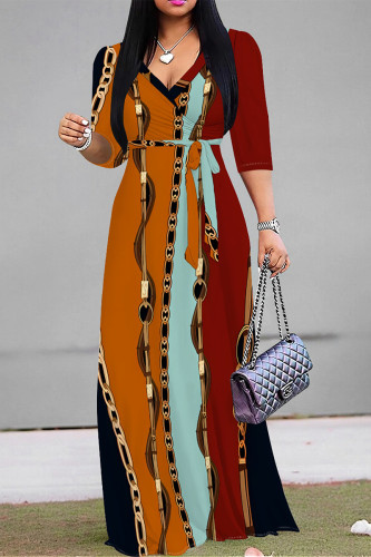 Tangerine Red Floral Chain Print V Neck 3/4 Sleeve Lace Up Casual Outing Straight Loose Maxi Dress