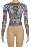 Colour Casual Graphics Print O Neck Long Sleeve Crop Tops