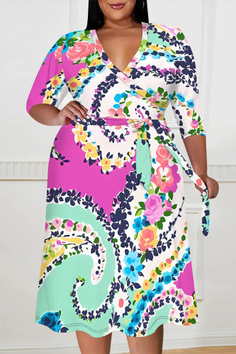 Rose Red Casual Floral Print V Neck 3/4 Sleeve Lace Up Vacation Plus Size Midi Dresses