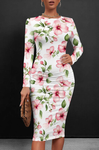 Pink Green Casual Graphics Print Wrapped Skirt O Neck Long Sleeve Bodycon Midi Dresses