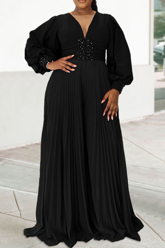 Black V Neck Long Sleeve Beading Ruched Long Vacation Formal Office Lady Pleated Maxi Dresses