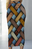 Baby Blue Casual Faux Denim Print High Waist Maxi Skirt