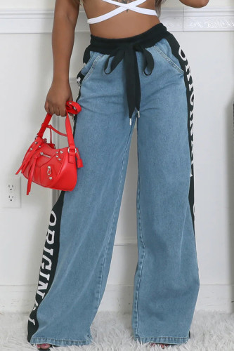 Sky Blue Casual Letters Print Pocket Strap Design Mid Waist Straight Wide Leg Denim Jeans