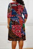 Red Casual Floral Print V Neck 3/4 Sleeve Lace Up Vacation Plus Size Midi Dresses