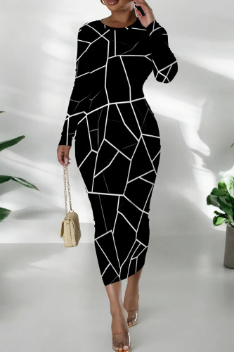 Black Casual Print Patchwork O Neck Wrapped Skirt Dresses