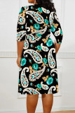 Red Casual Floral Print V Neck 3/4 Sleeve Lace Up Vacation Plus Size Midi Dresses