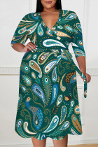 Green Casual Floral Print V Neck 3/4 Sleeve Lace Up Vacation Plus Size Midi Dresses
