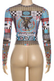 Colour Casual Graphics Print O Neck Long Sleeve Crop Tops