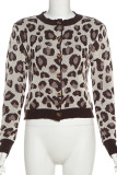 Leopard Print Casual Leopard Print O Neck Long Sleeve Buckle Knitted Sweater Crop Tops