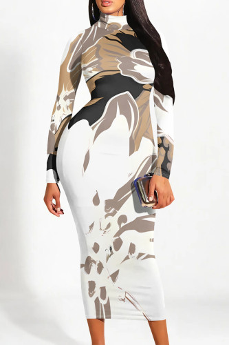 White Casual Geometric Gradient Print Pocket Half A Turtleneck Long Sleeve Plus Size Bodycon Maxi Dresses