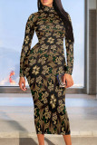 Black And White Casual Geometric Gradient Print Pocket Half A Turtleneck Long Sleeve Plus Size Bodycon Maxi Dresses