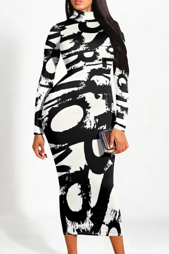 Black And White Casual Geometric Gradient Print Pocket Half A Turtleneck Long Sleeve Plus Size Bodycon Maxi Dresses