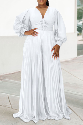 White V Neck Long Sleeve Beading Ruched Long Vacation Formal Office Lady Pleated Maxi Dresses