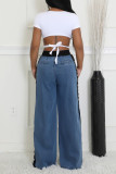 Sky Blue Casual Letters Print Pocket Strap Design Mid Waist Straight Wide Leg Denim Jeans