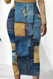 Baby Blue Casual Faux Denim Print High Waist Maxi Skirt