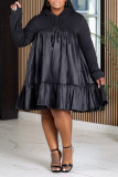 Black Casual Hooded Long Sleeve Ruffle Hen Draw String Long Plus Size Loose Mini Dresses