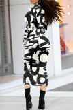 Black And White Casual Geometric Gradient Print Pocket Half A Turtleneck Long Sleeve Plus Size Bodycon Maxi Dresses