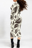 Black And White Casual Geometric Gradient Print Pocket Half A Turtleneck Long Sleeve Plus Size Bodycon Maxi Dresses