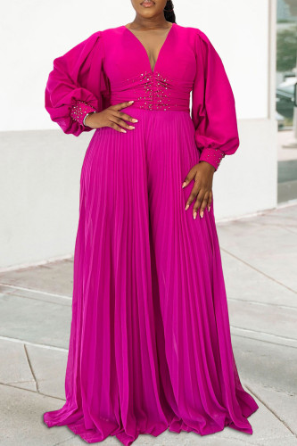 Rose Red V Neck Long Sleeve Beading Ruched Long Vacation Formal Office Lady Pleated Maxi Dresses