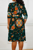 Red Casual Floral Print V Neck 3/4 Sleeve Lace Up Vacation Plus Size Midi Dresses