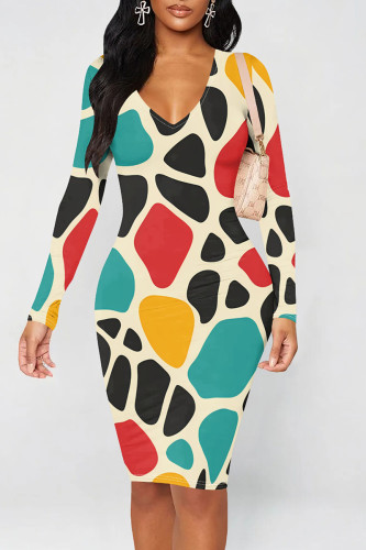 Red Blue Casual Graphics Print V Neck Wrapped Skirt O Neck Long Sleeve Bodycon Midi Dresses